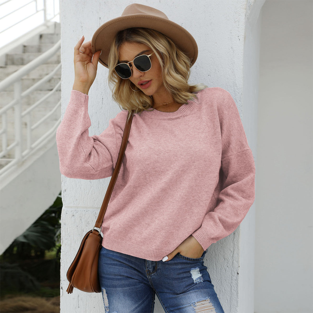 Honeybee Mumford's Round Neck Long Sleeve Drop Shoulder Sweater