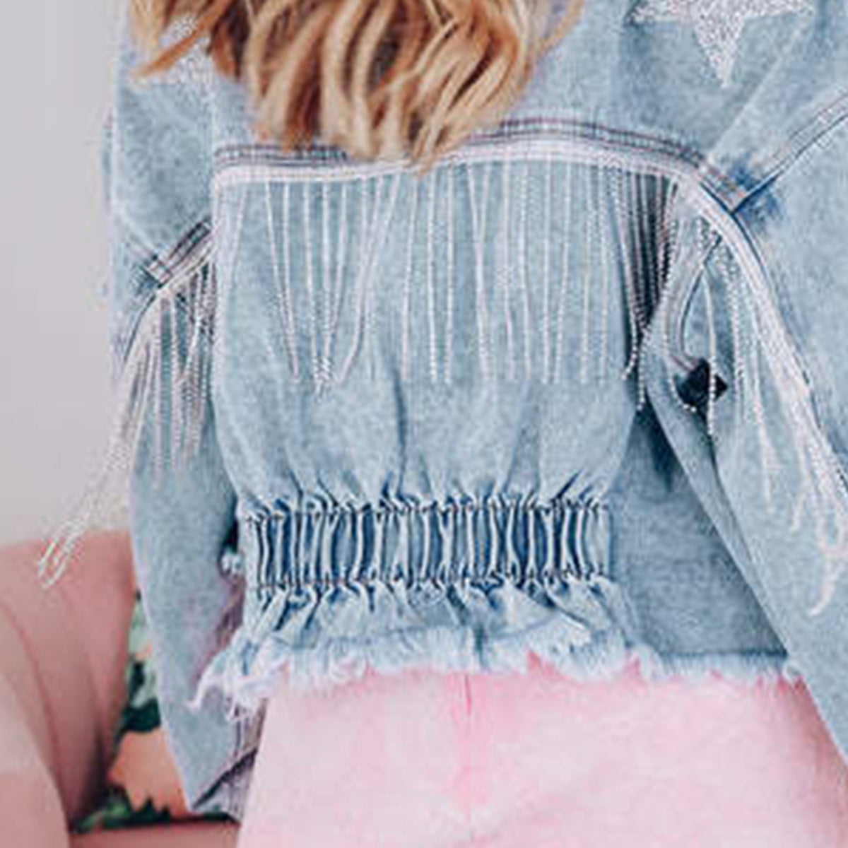 Honeybee Mumford's Star Raw Hem Fringe Detail Denim Jacket