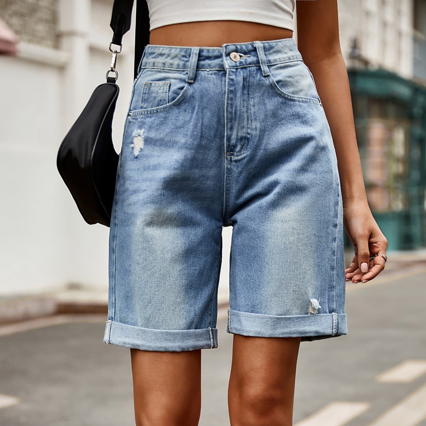 Honeybee Mumford's Distressed Buttoned Denim Shorts with Pockets