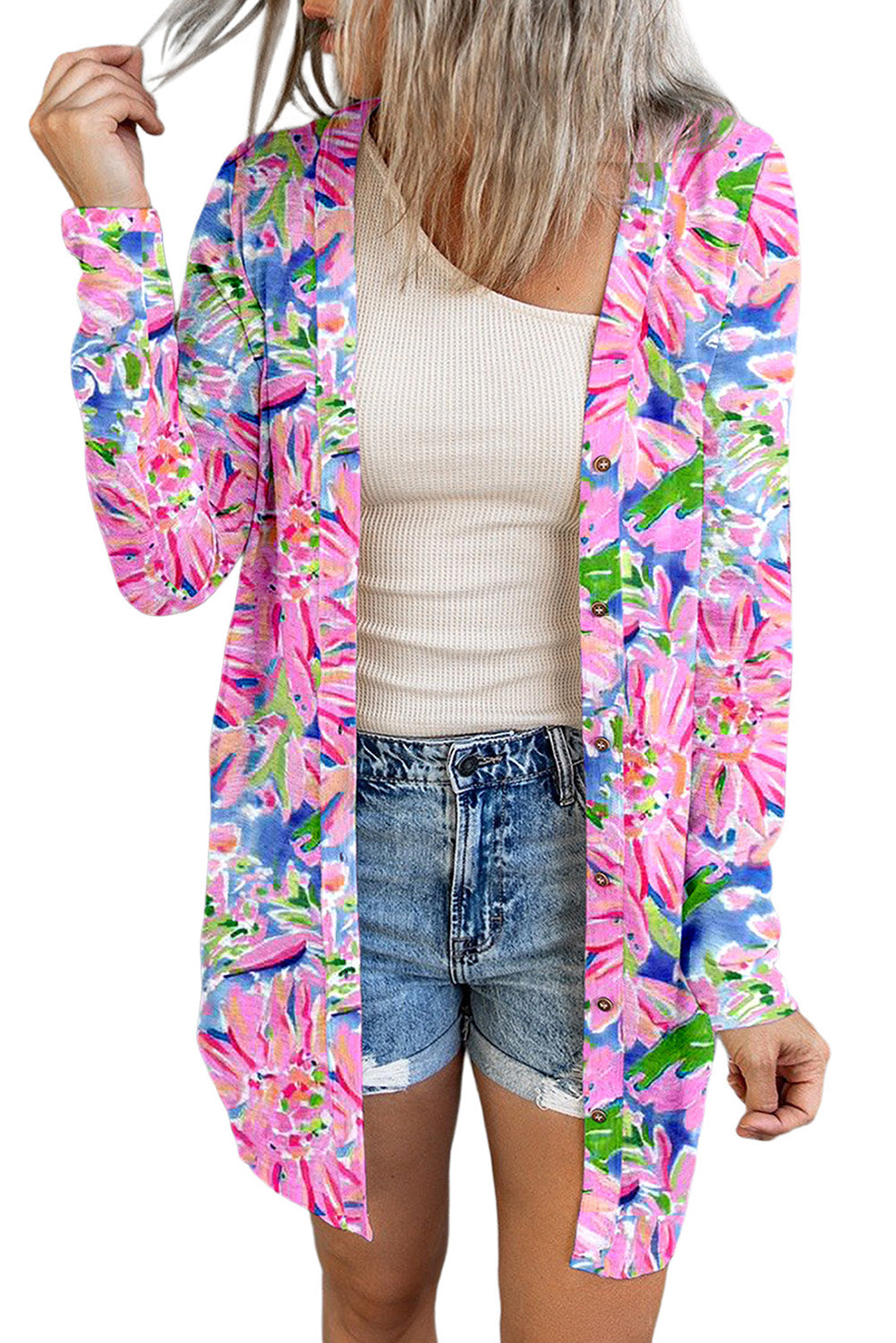 honeybee Mumford's Pink Flower Print Long Sleeve Button Up Cardigan