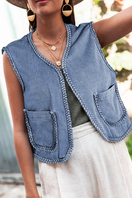 Honeybee Mumford's Ashleigh Blue Braided Trim Pocketed Denim Vest