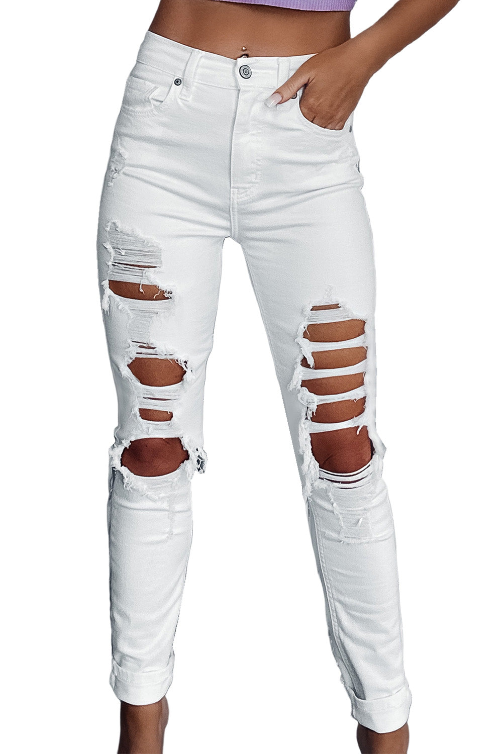 Honeybee Mumford's White Distressed Ripped Holes High Waist Skinny Jeans