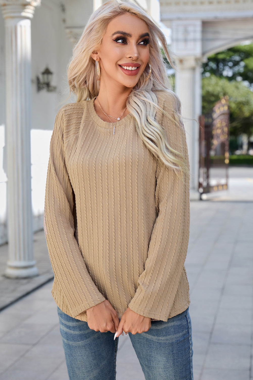 Honeybee Mumford's Round Neck Raglan Sleeve Ribbed Blouse