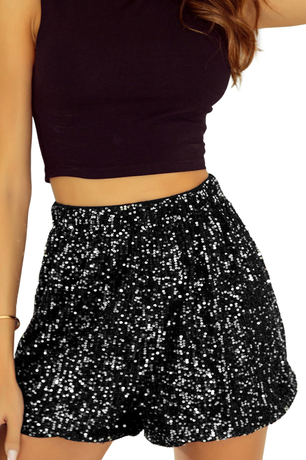 Honeybee Mumford's Black Sequin Straight Leg High Waist Casual Shorts