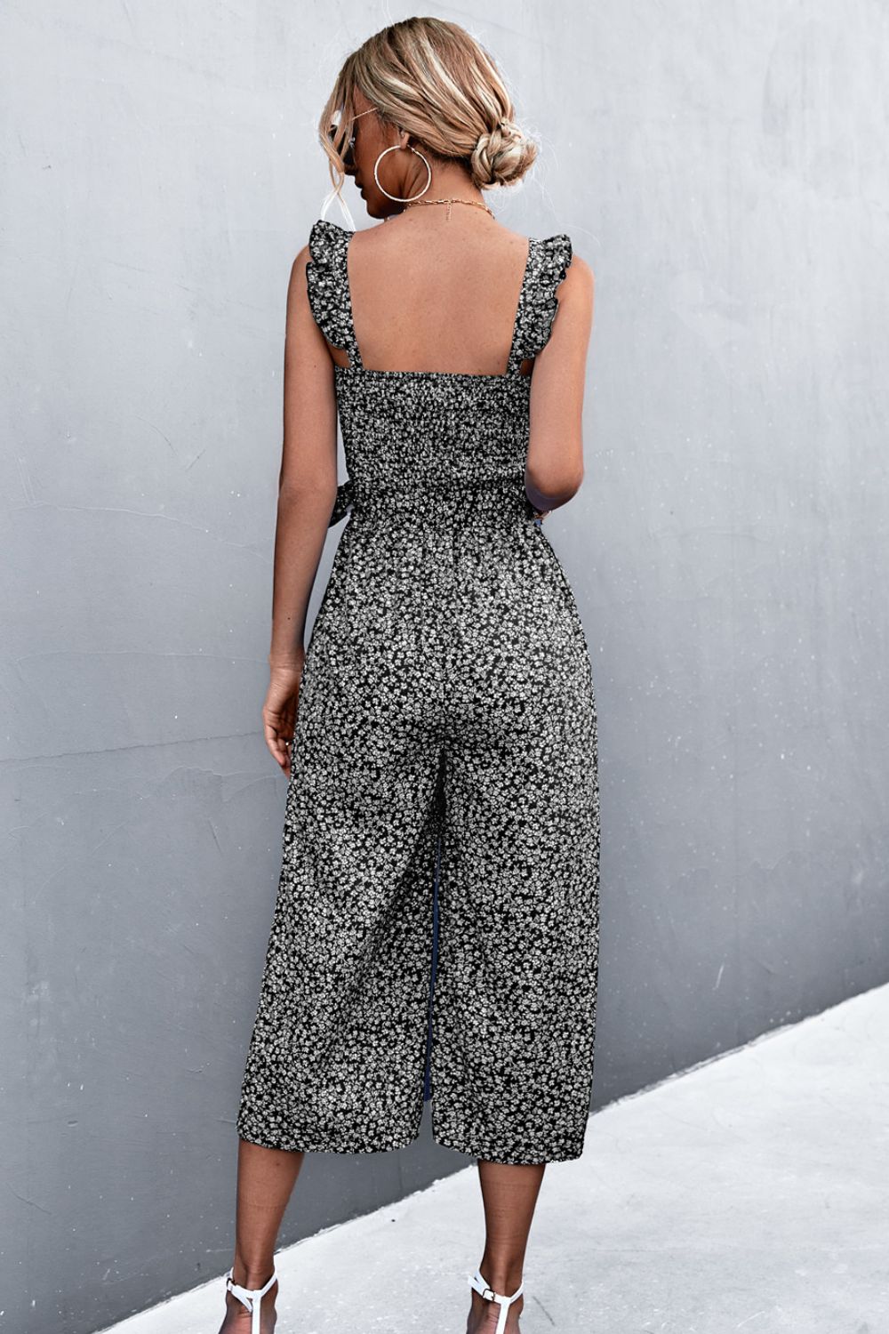 Honeybee Mumford's Printed Ruffle Strap Smocked Belted Jumpsuit