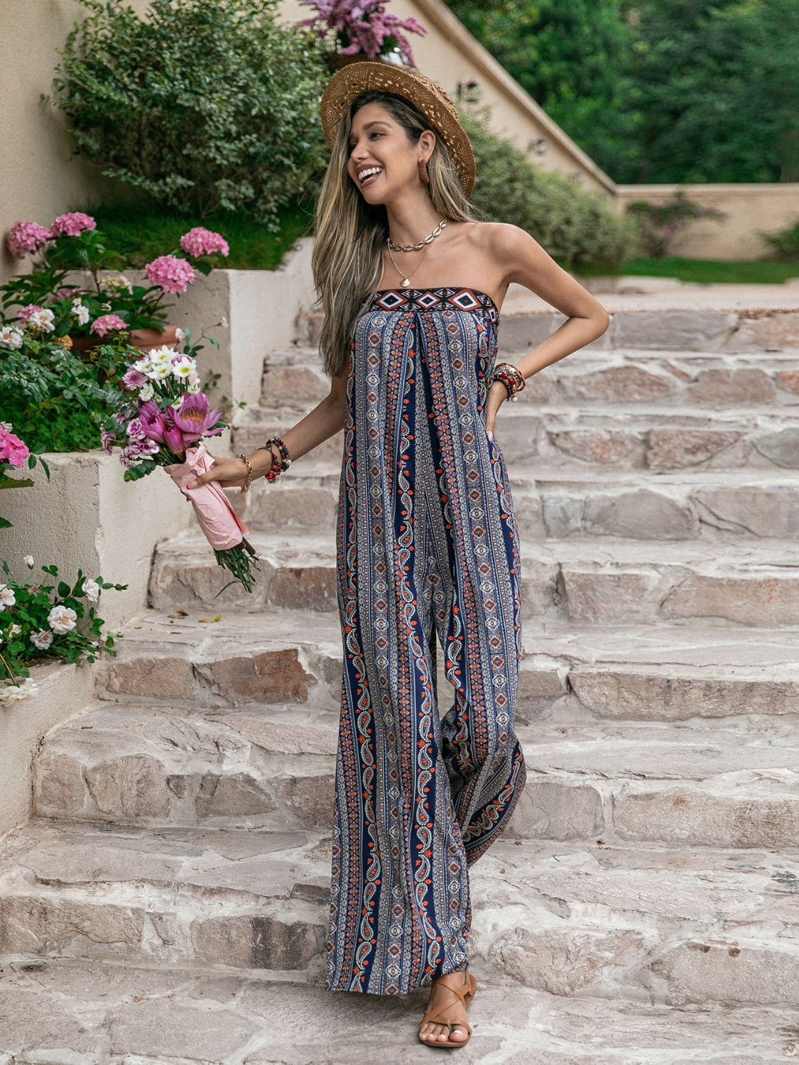 Honeybee Mumford's Tied Printed Tube Wide Leg Jumpsuit