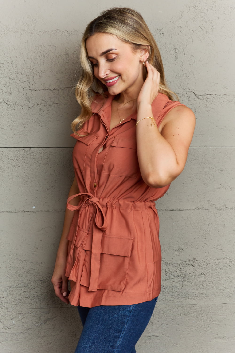 Honeybee Mumford's Follow The Light Sleeveless Collared Button Down Top