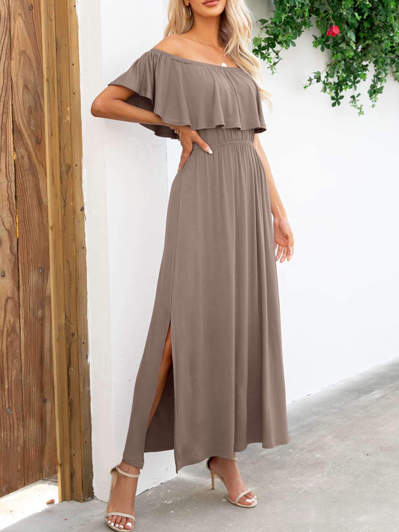 Honeybee Mumford's Off-Shoulder Slit Maxi Dress