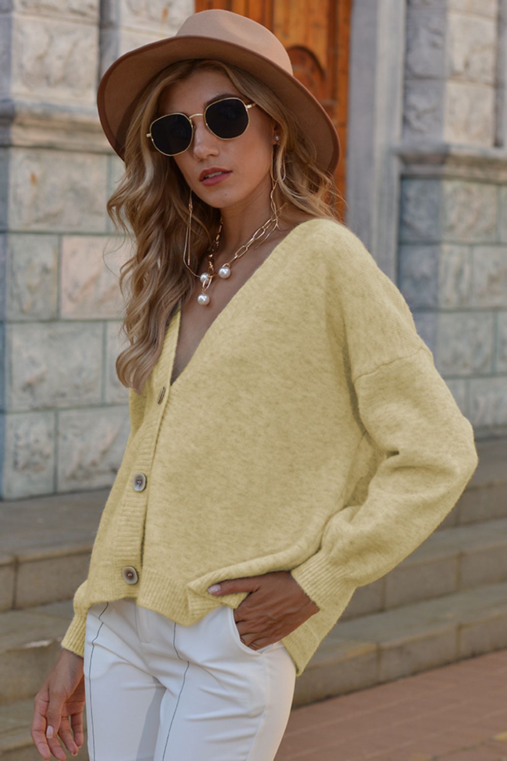 Honeybee Mumford's V-Neck Button-Down Dropped Shoulder Cardigan