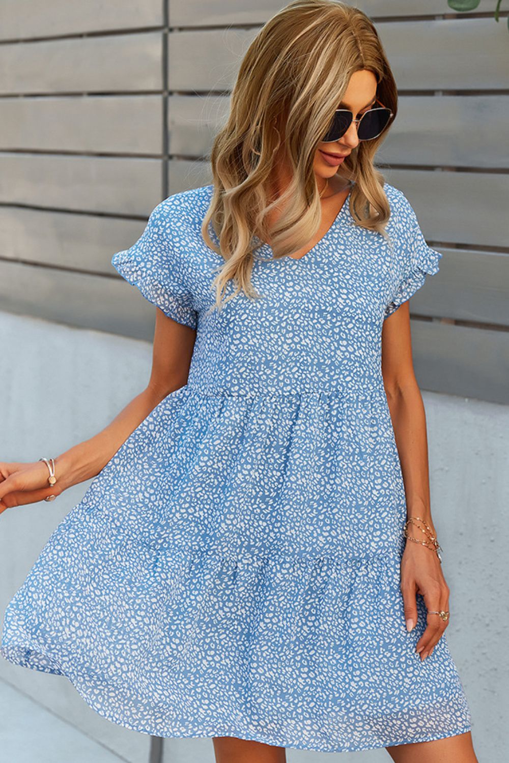 Honeybee Mumford's Printed V-Neck Short Sleeve Tiered Dress