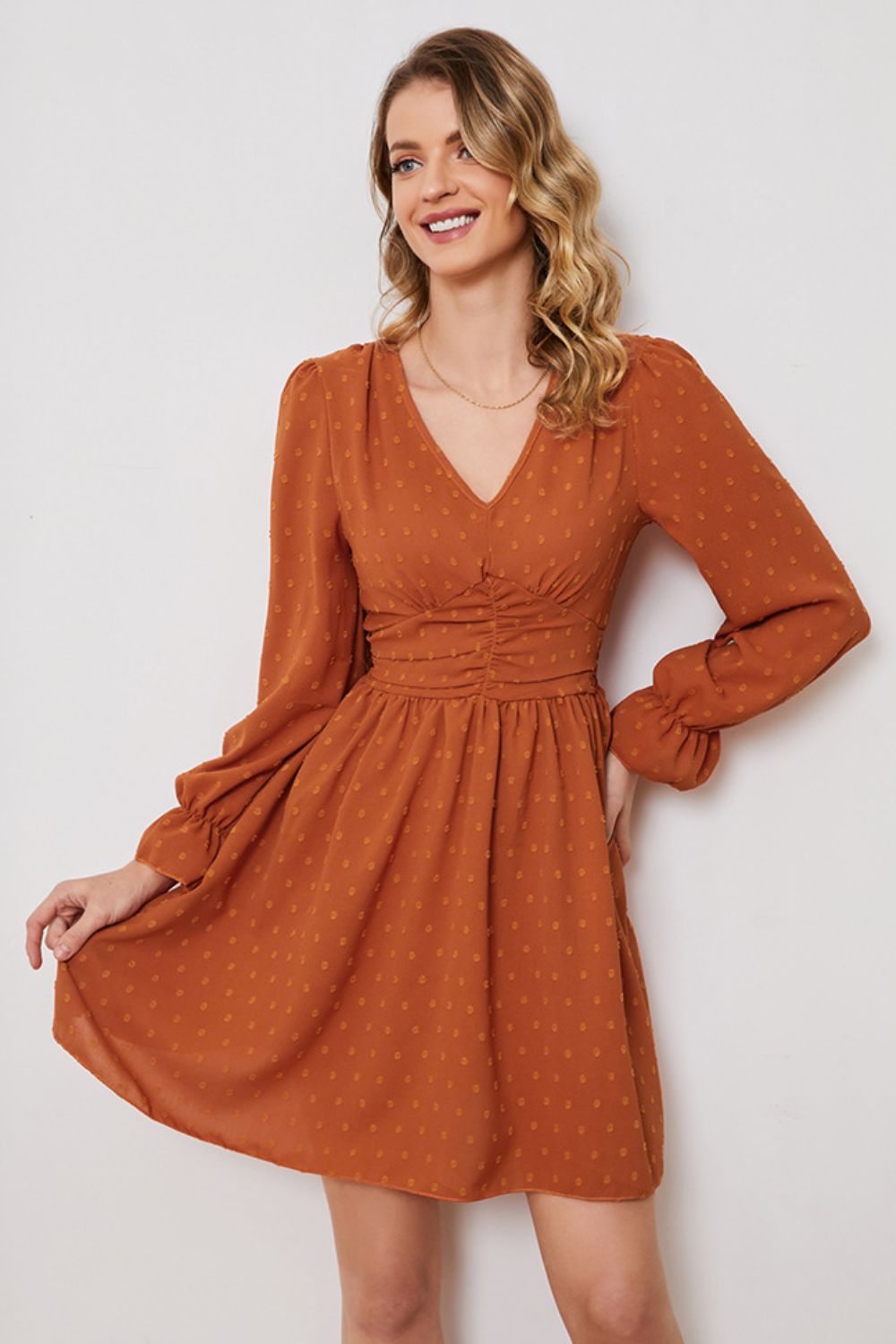 Honeybee Mumford's Swiss Dot Ruched V-Neck Flounce Sleeve Dress