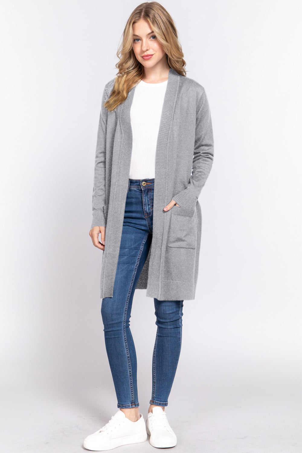 Honeybee Mumford's Grey Open Front Rib Trim w/ Long Sleeve Knit Cardigan