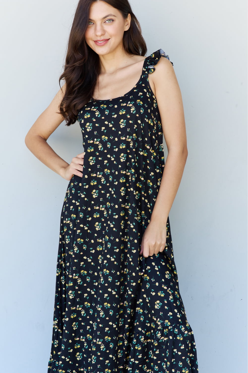 Honeybee Mumford's Doublju In The Garden Ruffle Floral Maxi Dress in Black Yellow Floral