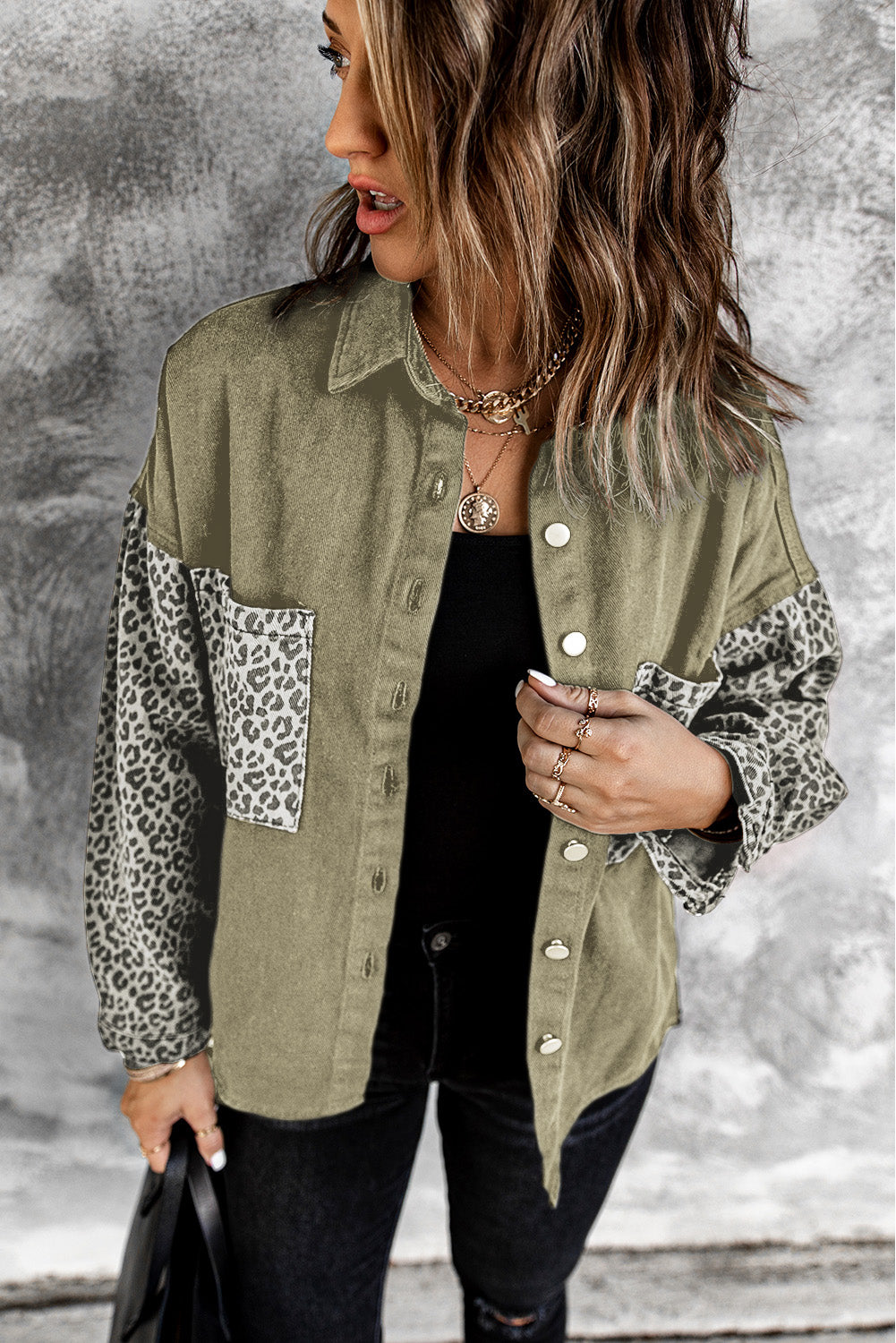 Honeybee Mumford's Contrast Leopard Denim Jacket