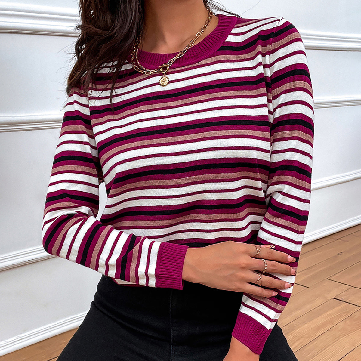 Honeybee Mumford's Striped Round Neck Long Sleeve Sweater