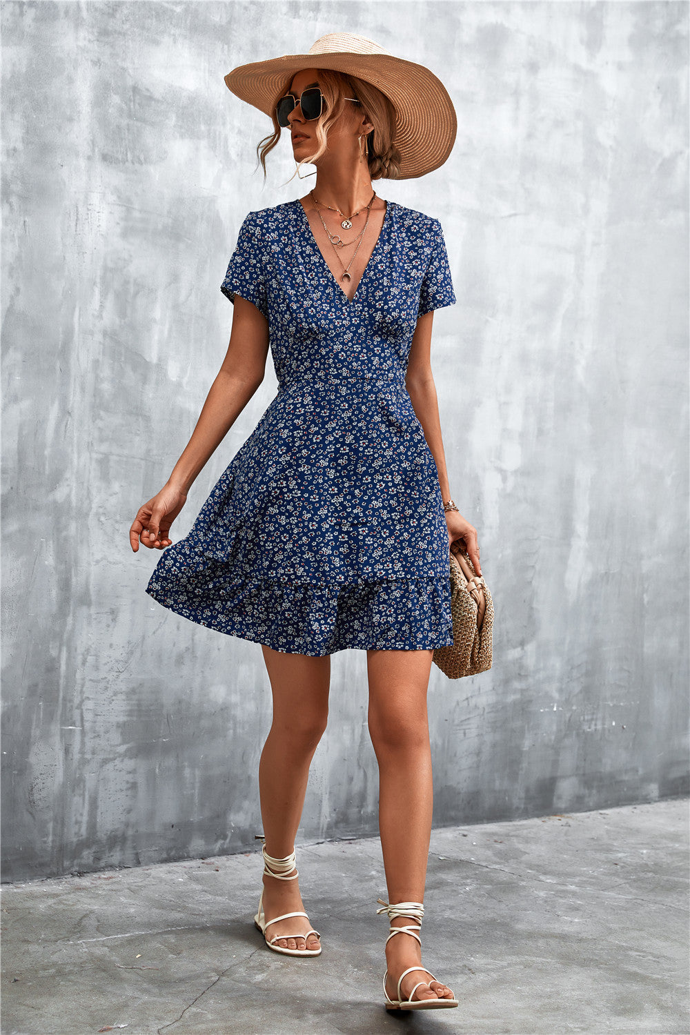 Honeybee Mumford's Ditsy Floral V-Neck Short Sleeve Dress