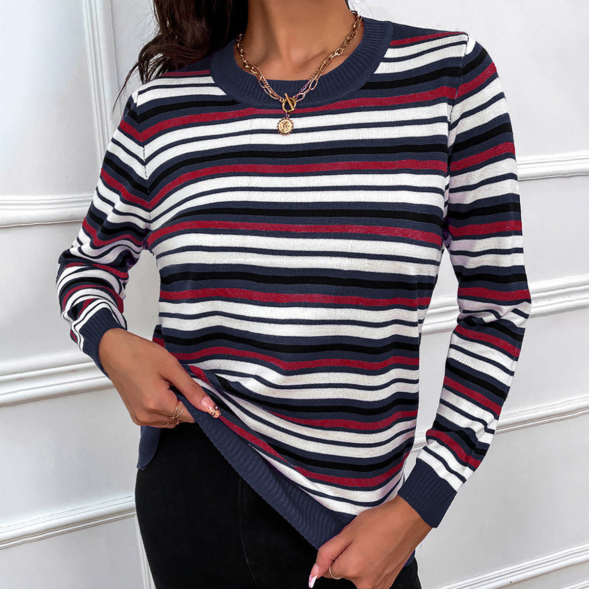 Honeybee Mumford's Striped Round Neck Long Sleeve Sweater