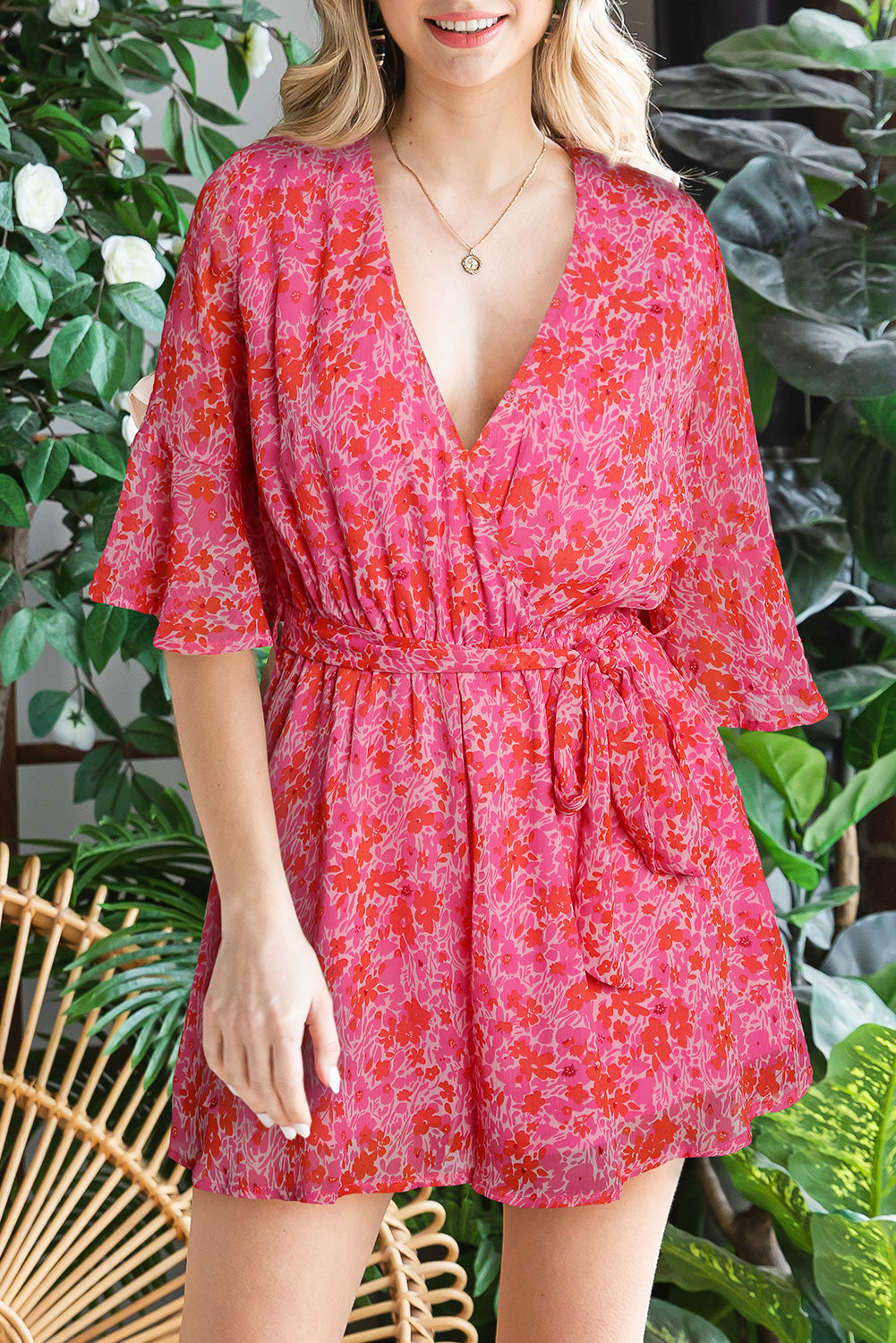 Honeybee Mumford's Pink V Neck Ruffled Sleeve Floral Romper