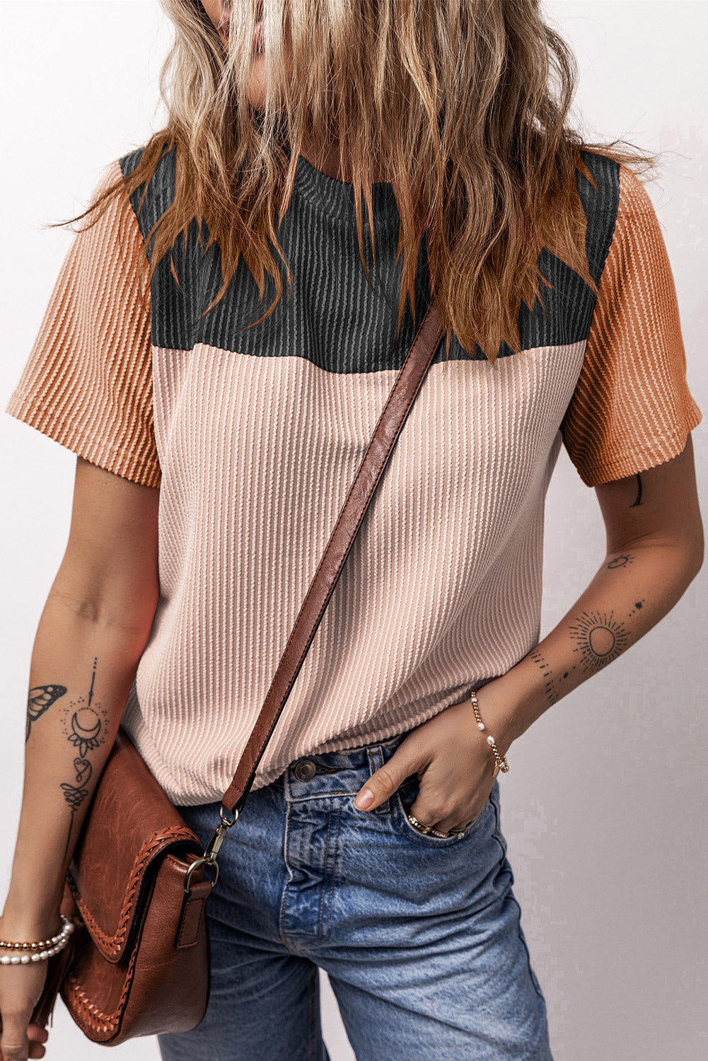 Honeybee Mumford's Black Rib Textured Colorblock T Shirt