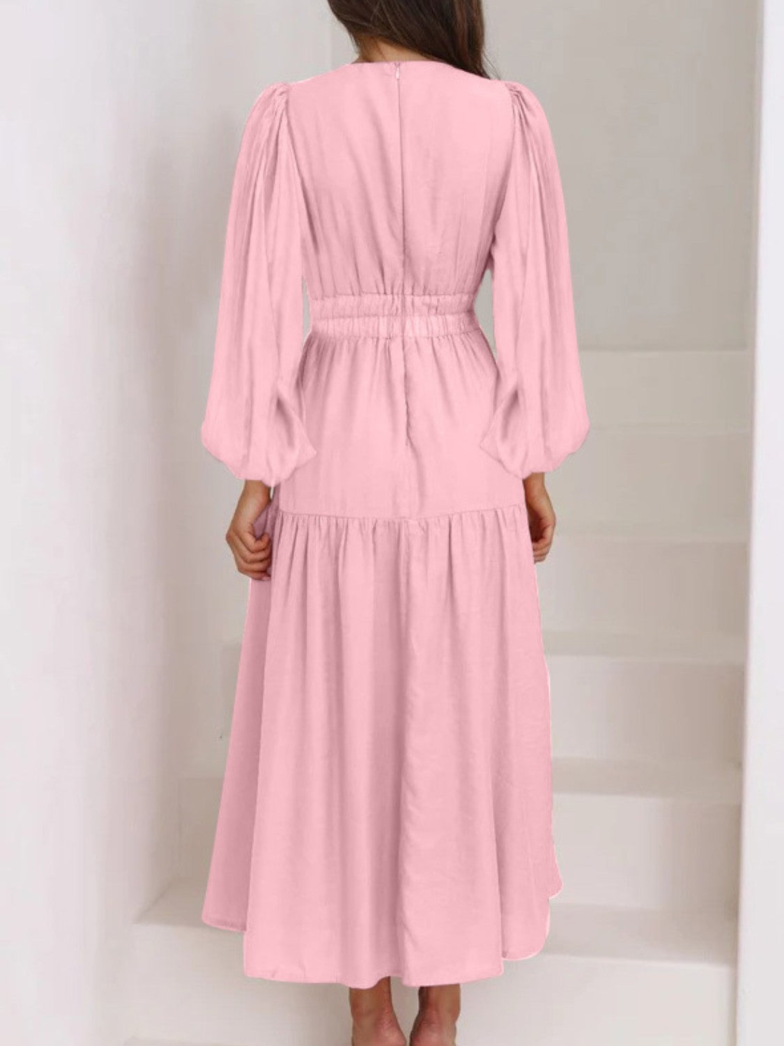 Honeybee Mumford's Deep V-Neck Balloon Sleeve Plain Maxi Dress