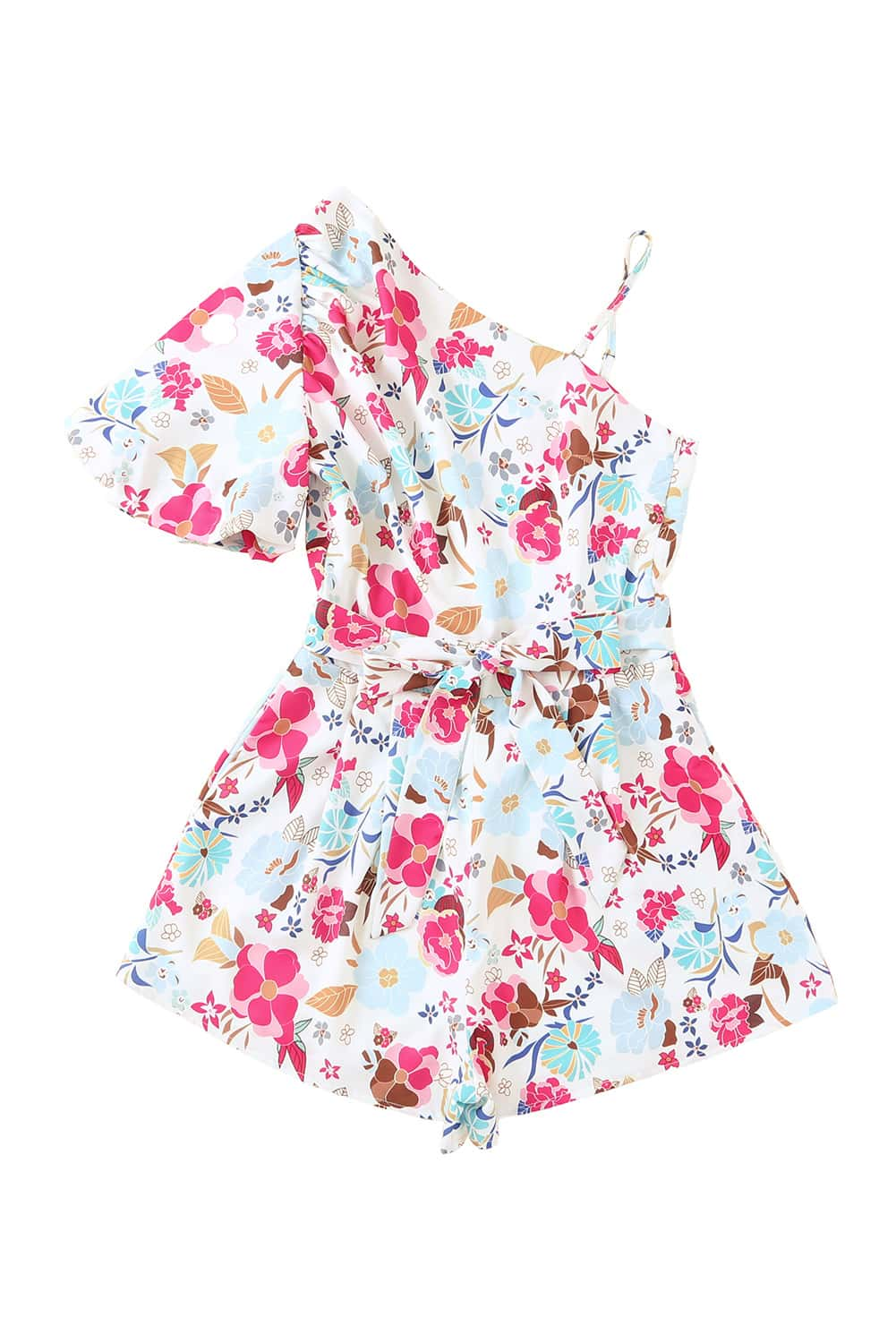 Honeybee Mumford's White Floral Single Bubble Sleeve Slant Shoulder Romper