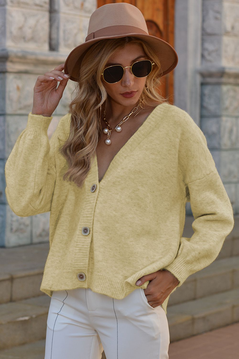 Honeybee Mumford's V-Neck Button-Down Dropped Shoulder Cardigan