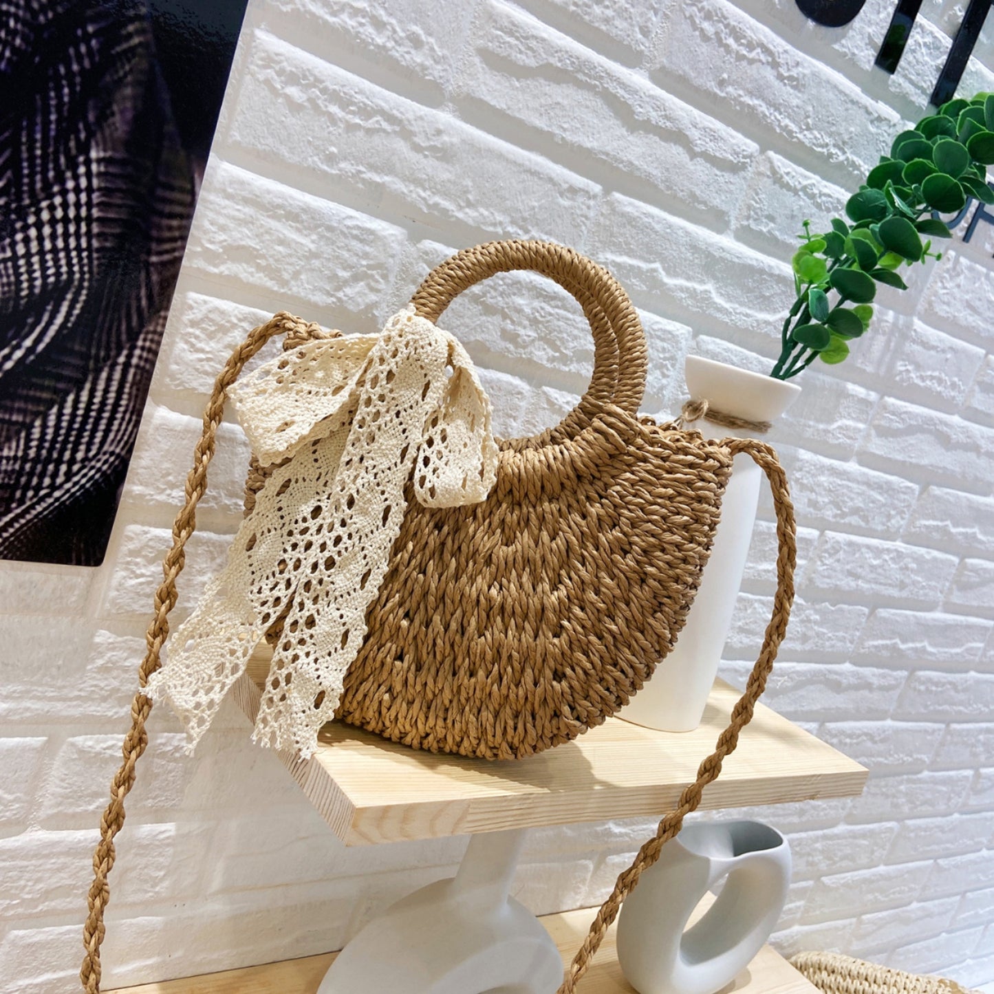 Honeybee Mumford's Drawstring Straw Braided Crossbody Bag