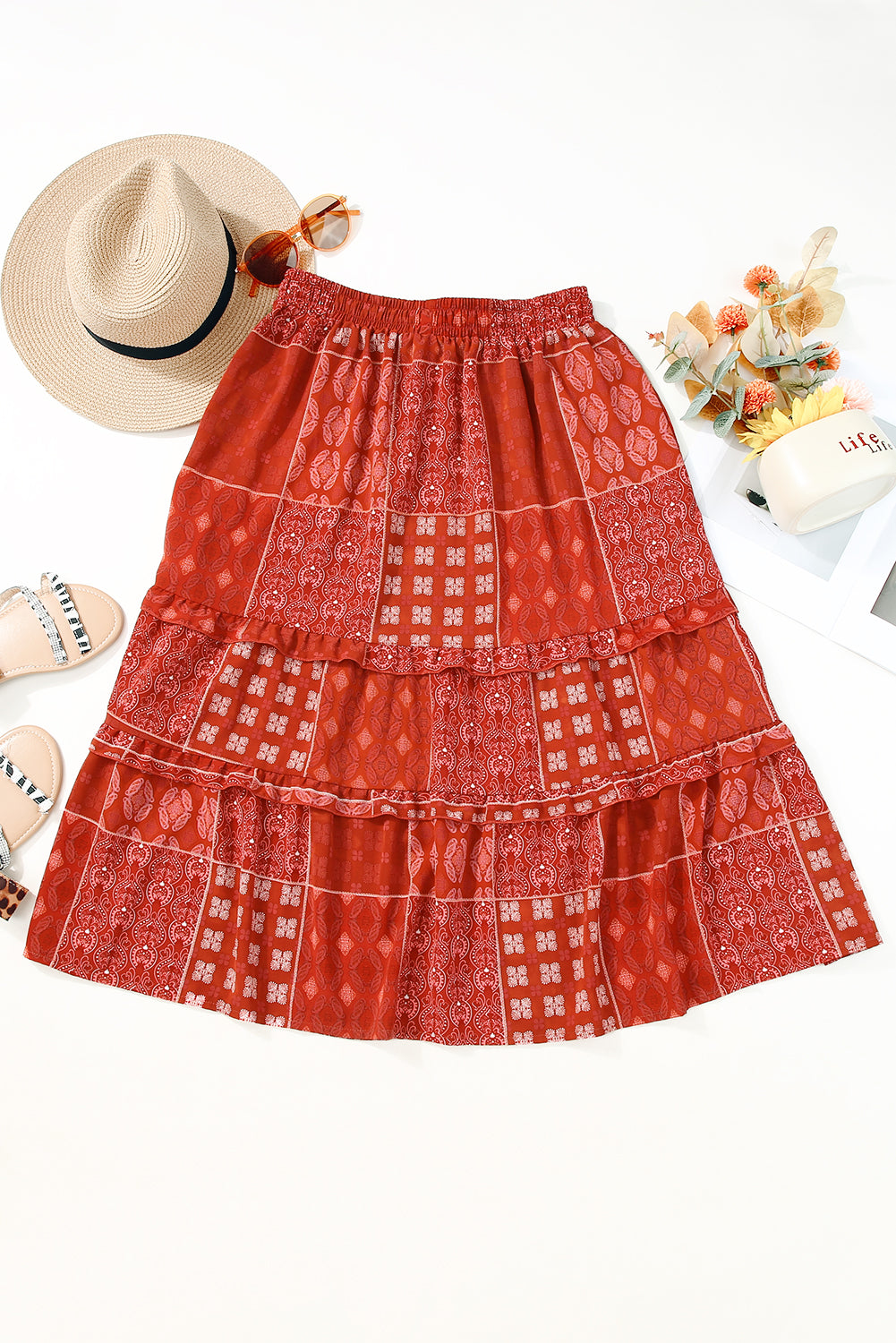 Honeybee Mumford's Fiery Red Bohemian Mix Print Long Flared Skirt