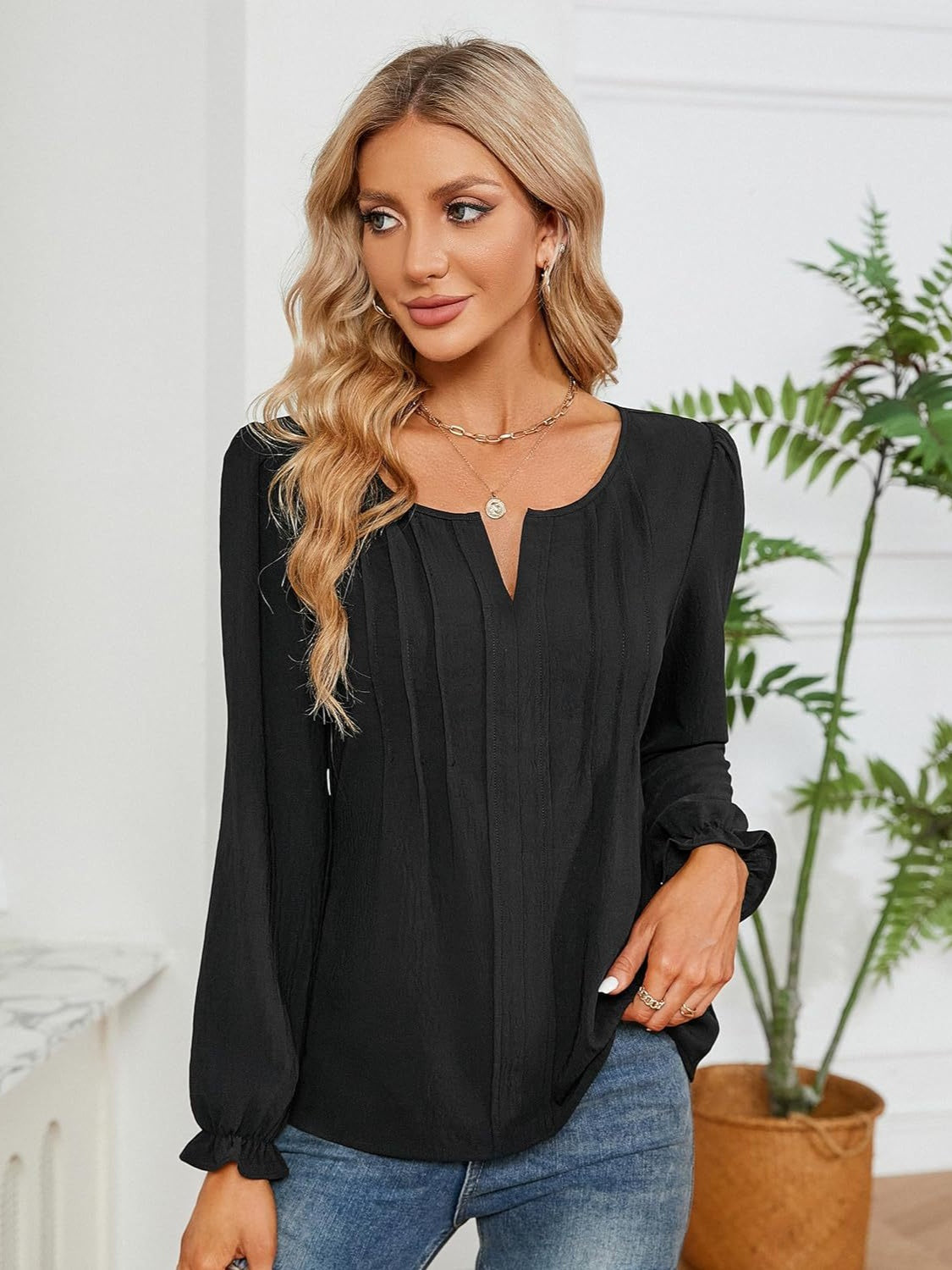 Honeybee Mumford's Notched Flounce Sleeve Blouse