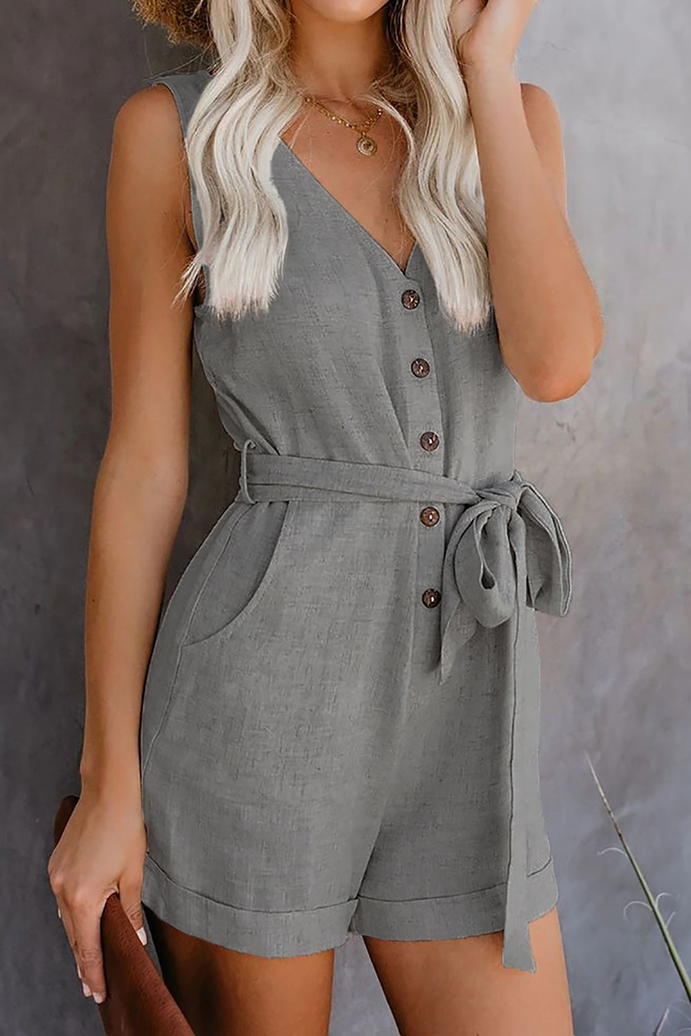 Honeybee Mumford's Full Size Tied V-Neck Sleeveless Romper with Pockets