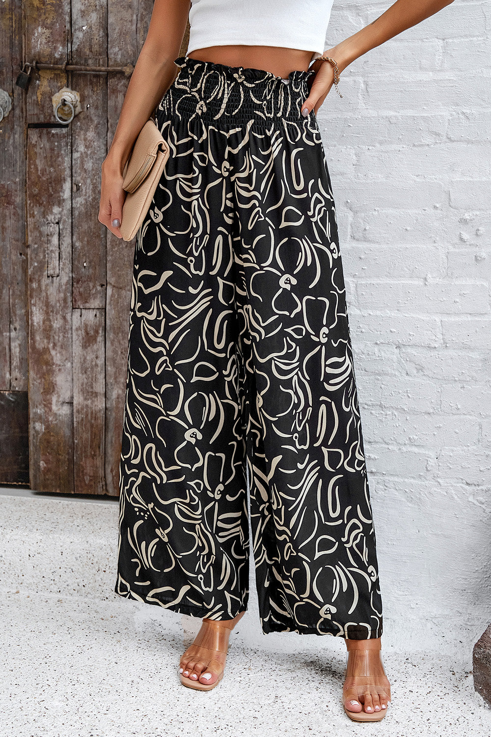 Honeybee Mumford's Smocked Printed Wide Leg Pants with Pockets