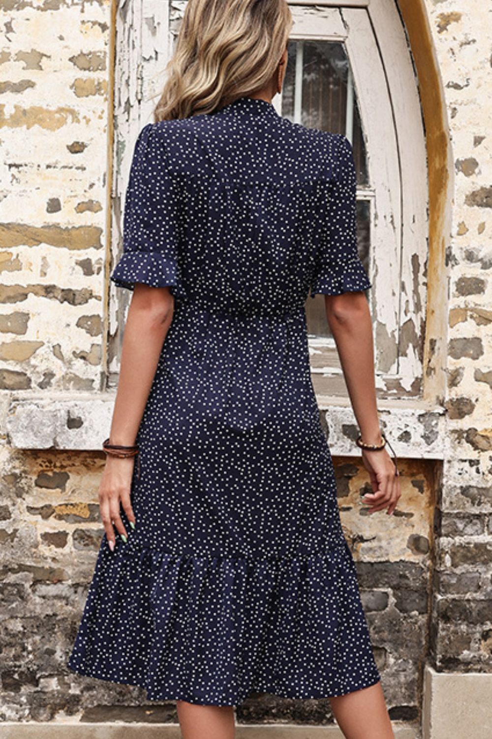 Honeybee Mumford's Polka Dot Tie Front Ruffled Midi Dress