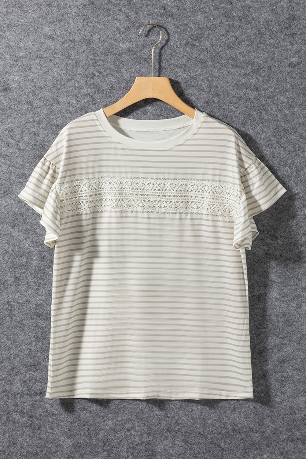 Honeybee Mumford's Apricot Striped Lace Splicing Ruffle Sleeve T-shirt