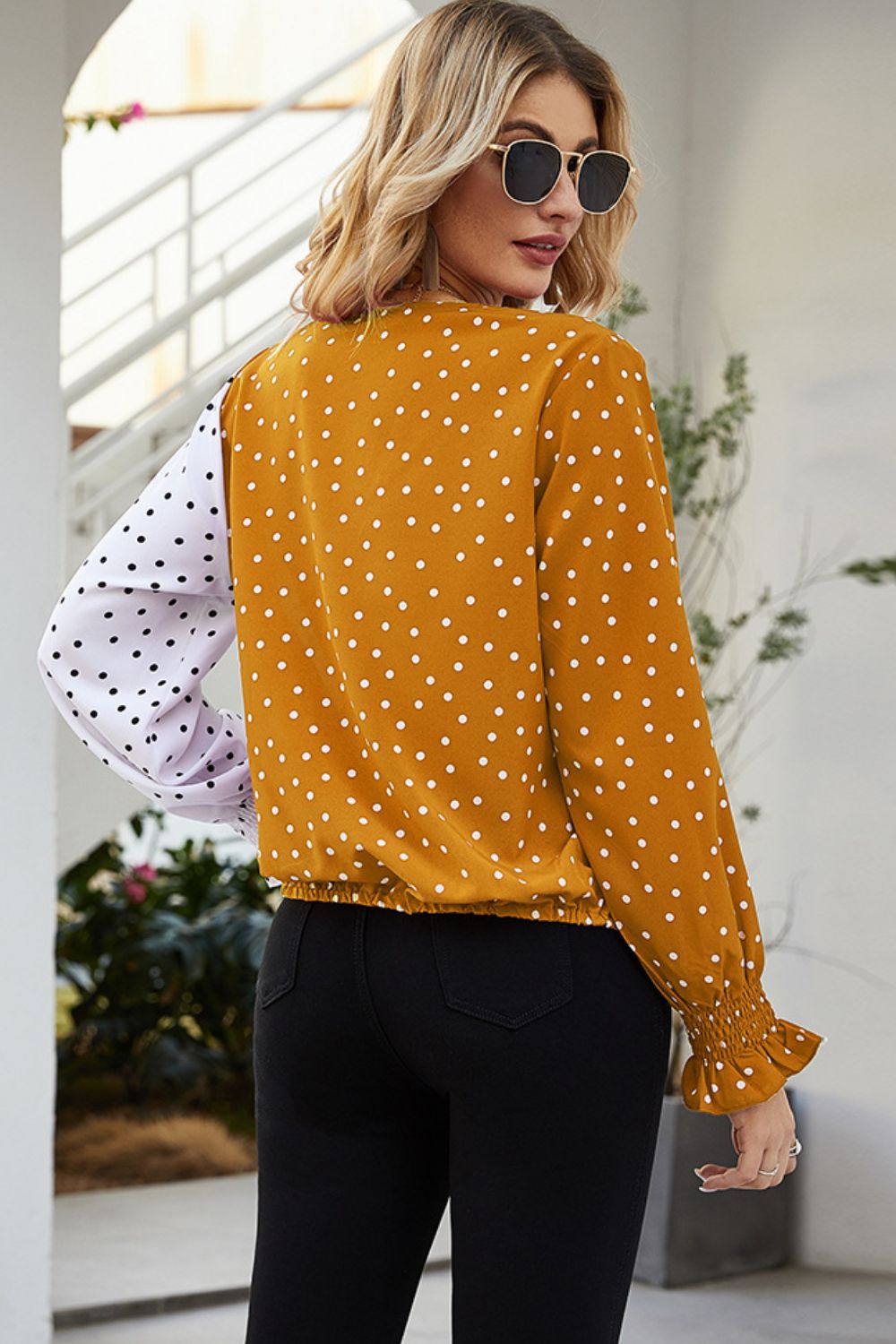 Honeybee Mumford's Polka Dot Surplice Neck Lantern Sleeve Blouse