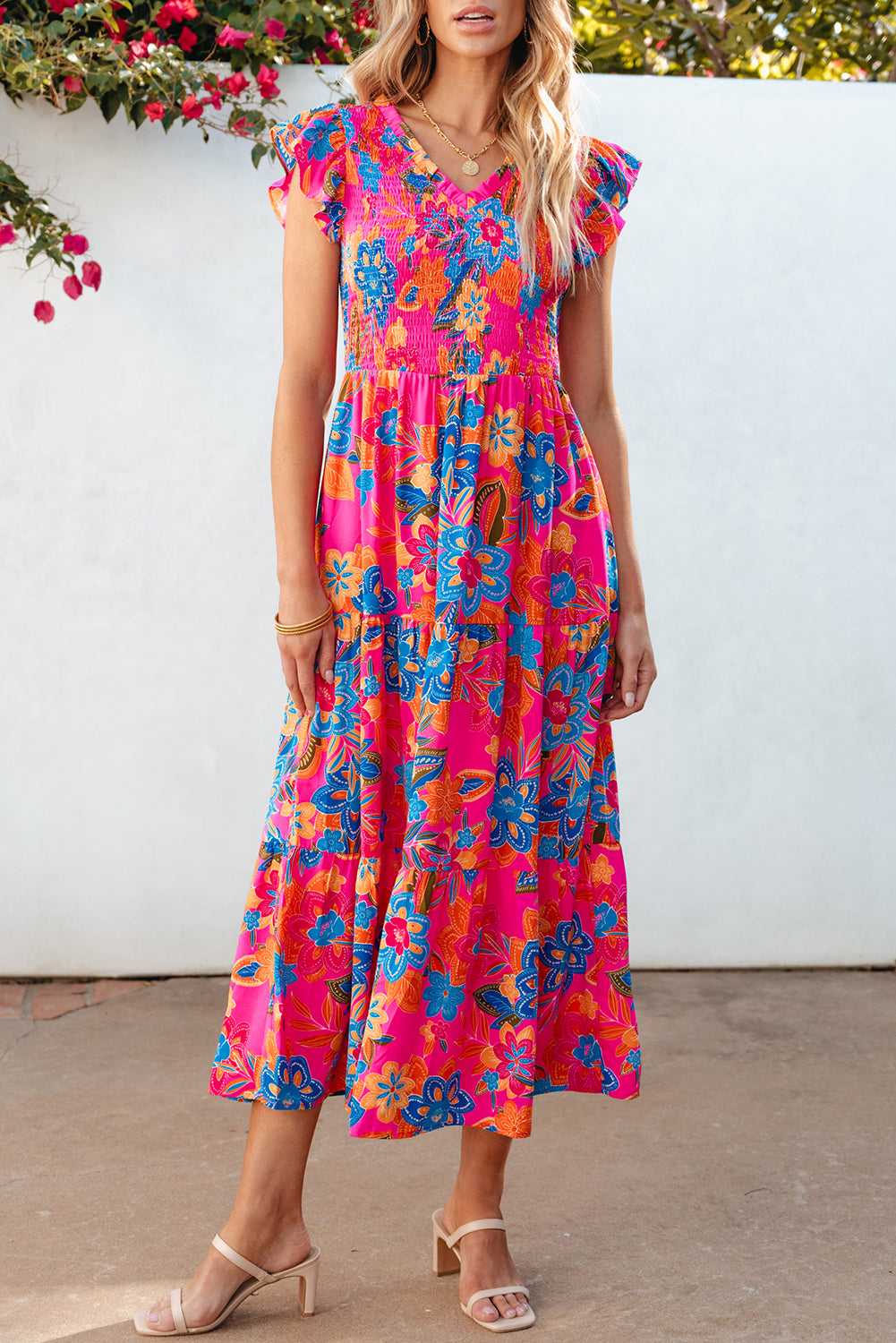 Honeybee Mumford's Rose Red Boho Floral V Neck Ruffle Tiered Long Dress