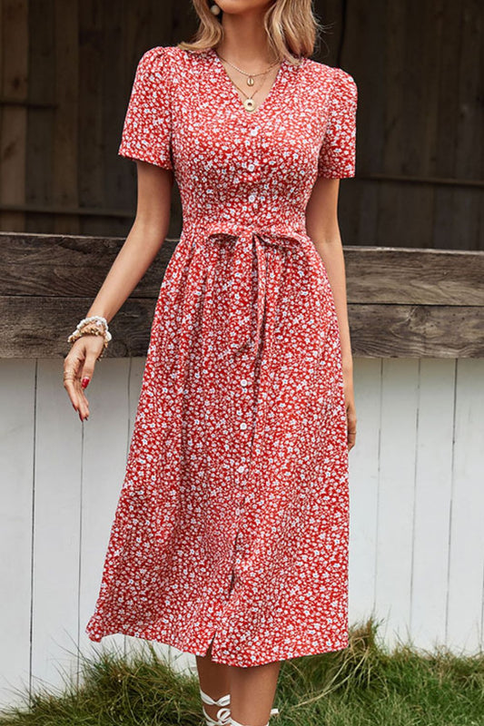 Honeybee Mumford's Floral Button Front Tied Puff Sleeve Dress