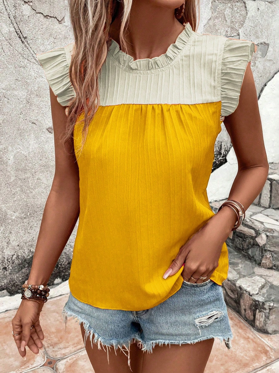 Honeybee Mumford's Frill Contrast Round Neck Cap Sleeve Blouse