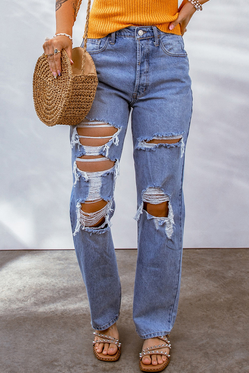 Honeybee Mumford's Sky Blue Heavy Destroyed Big Hole Boyfriend Jeans