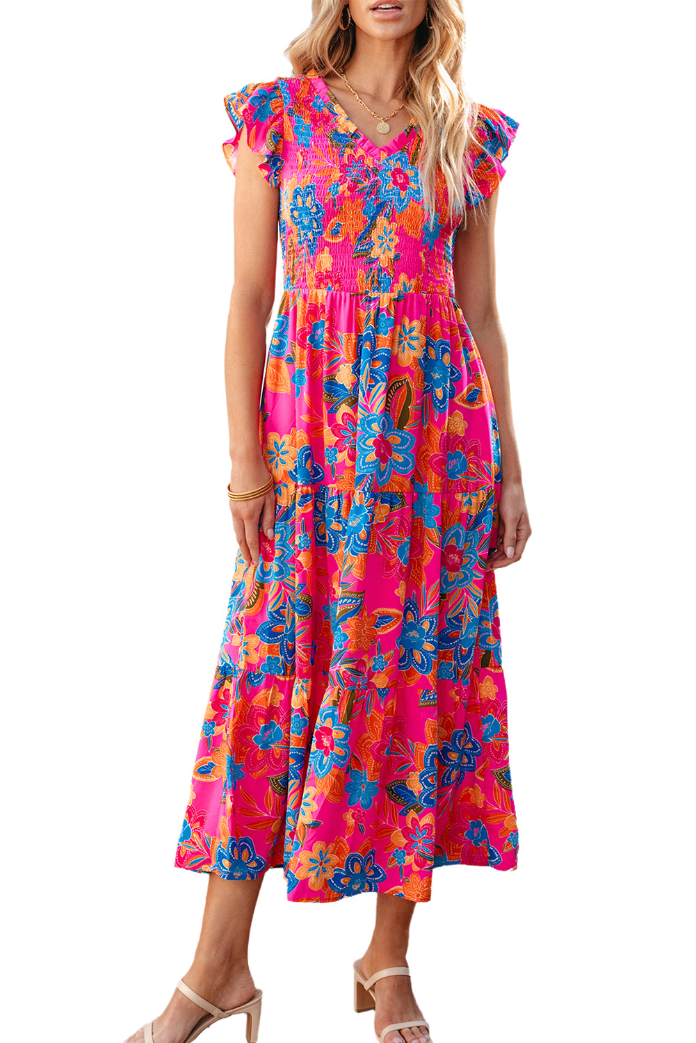 Honeybee Mumford's Rose Red Boho Floral V Neck Ruffle Tiered Long Dress