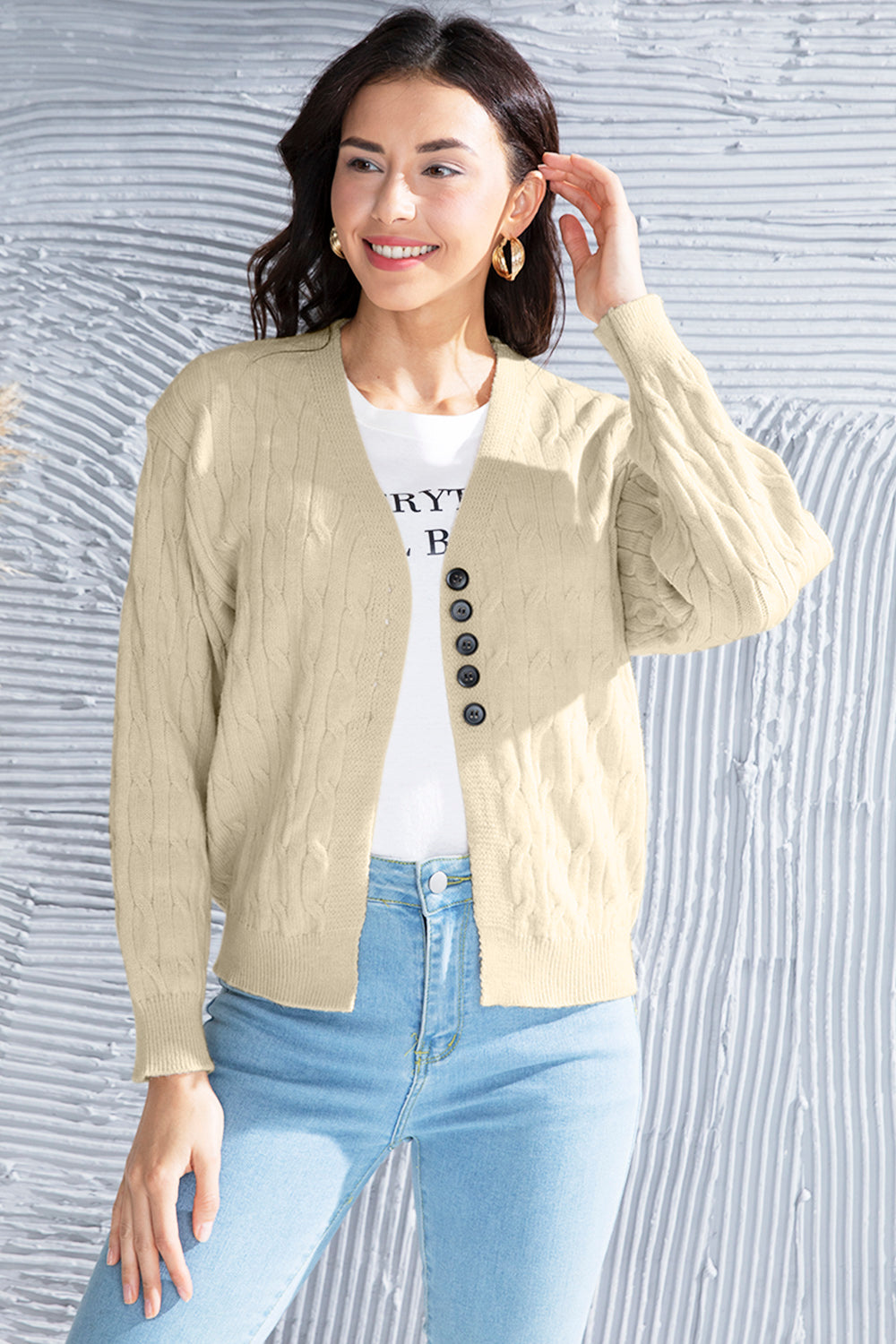 Honeybee Mumford's Cable-Knit Button Up Dropped Shoulder Cardigan