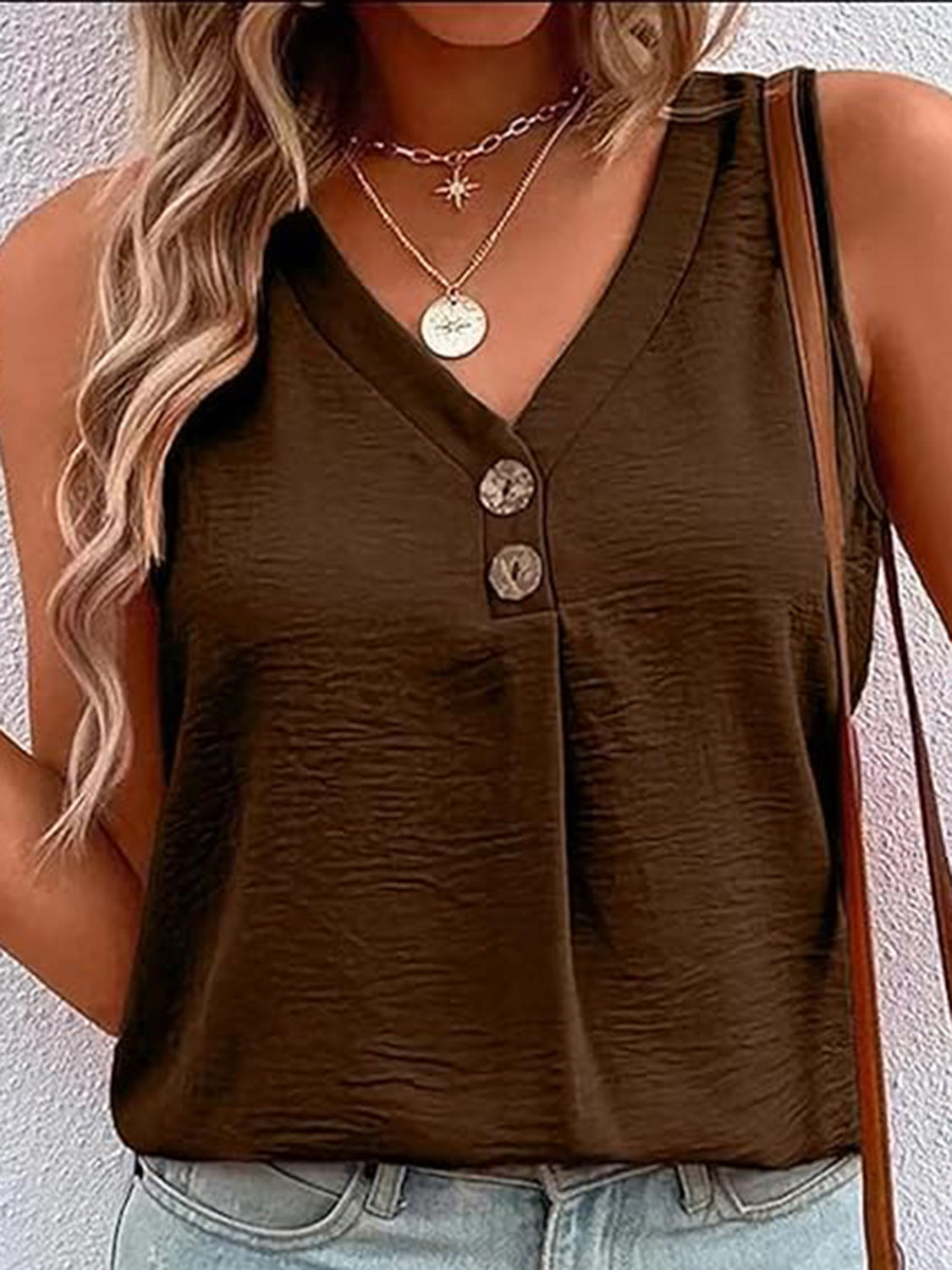 Honeybee Mumford's Full Size Decorative Button V-Neck Tank