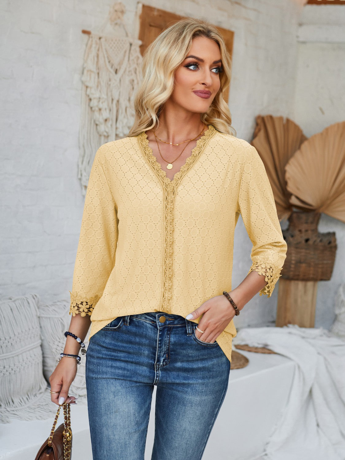 Honeybee Mumford's Lace Detail V-Neck Three-Quarter Sleeve Blouse