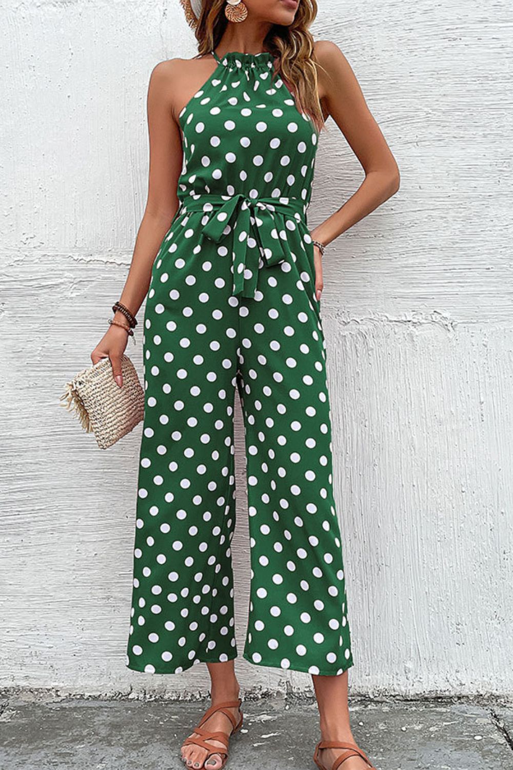 Honeybee Mumford's Polka Dot Grecian Wide Leg Jumpsuit