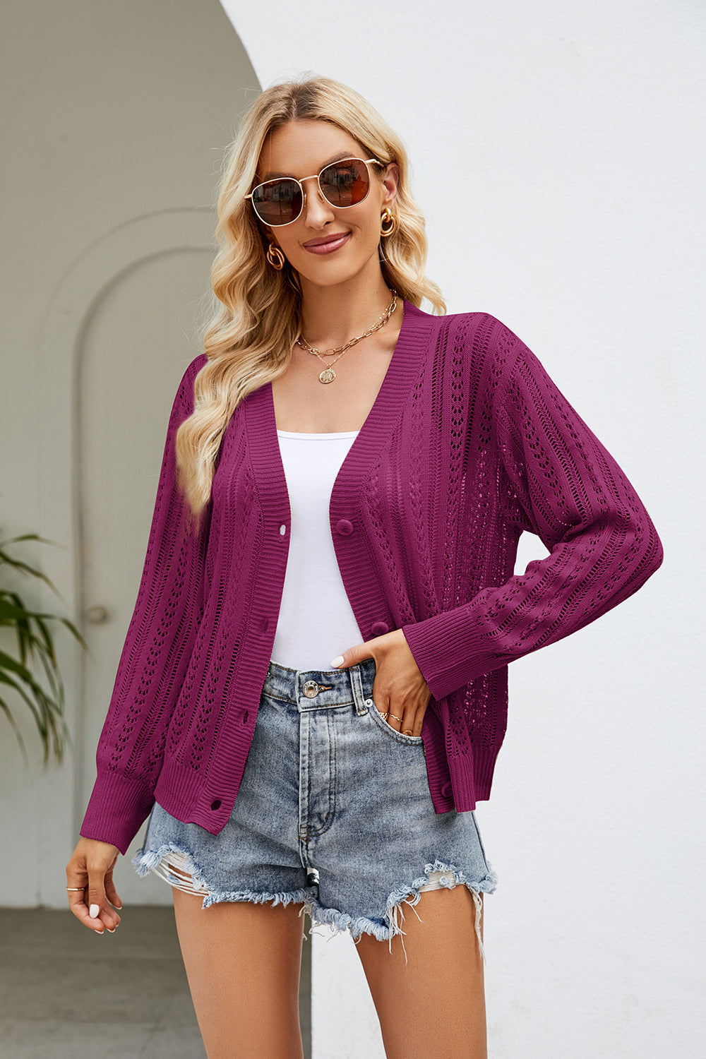 Honeybee Mumford's Openwork Button Front V-Neck Cardigan