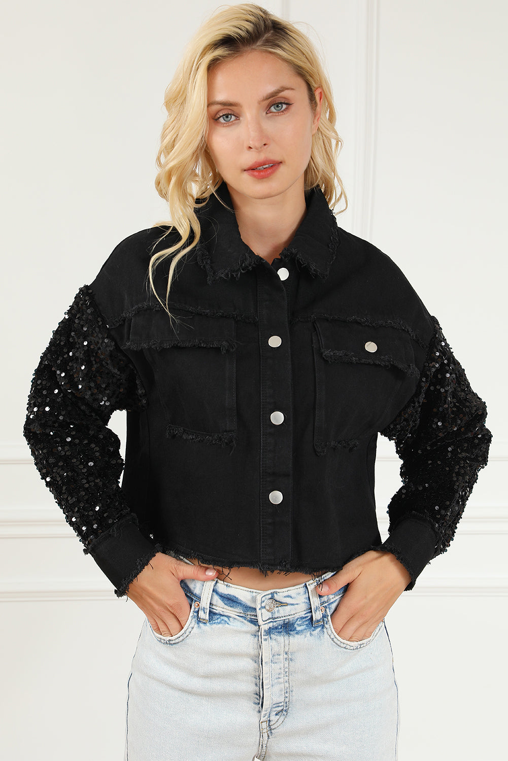 Honeybee Mumford's Sequin Button Up Raw Hem Denim Jacket