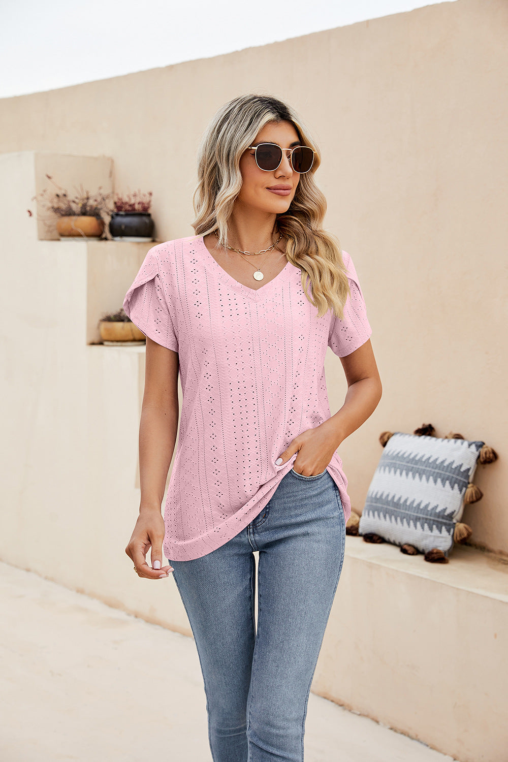 Honeybee Mumford's Eyelet Petal Sleeve V-Neck Knit Top