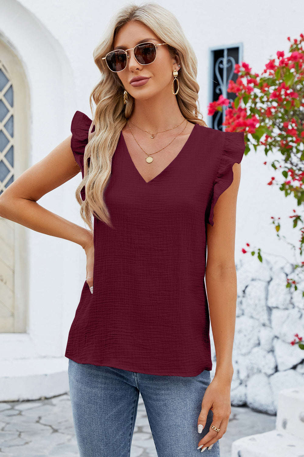 Honeybee Mumford's Ruffled V-Neck Cap Sleeve Blouse