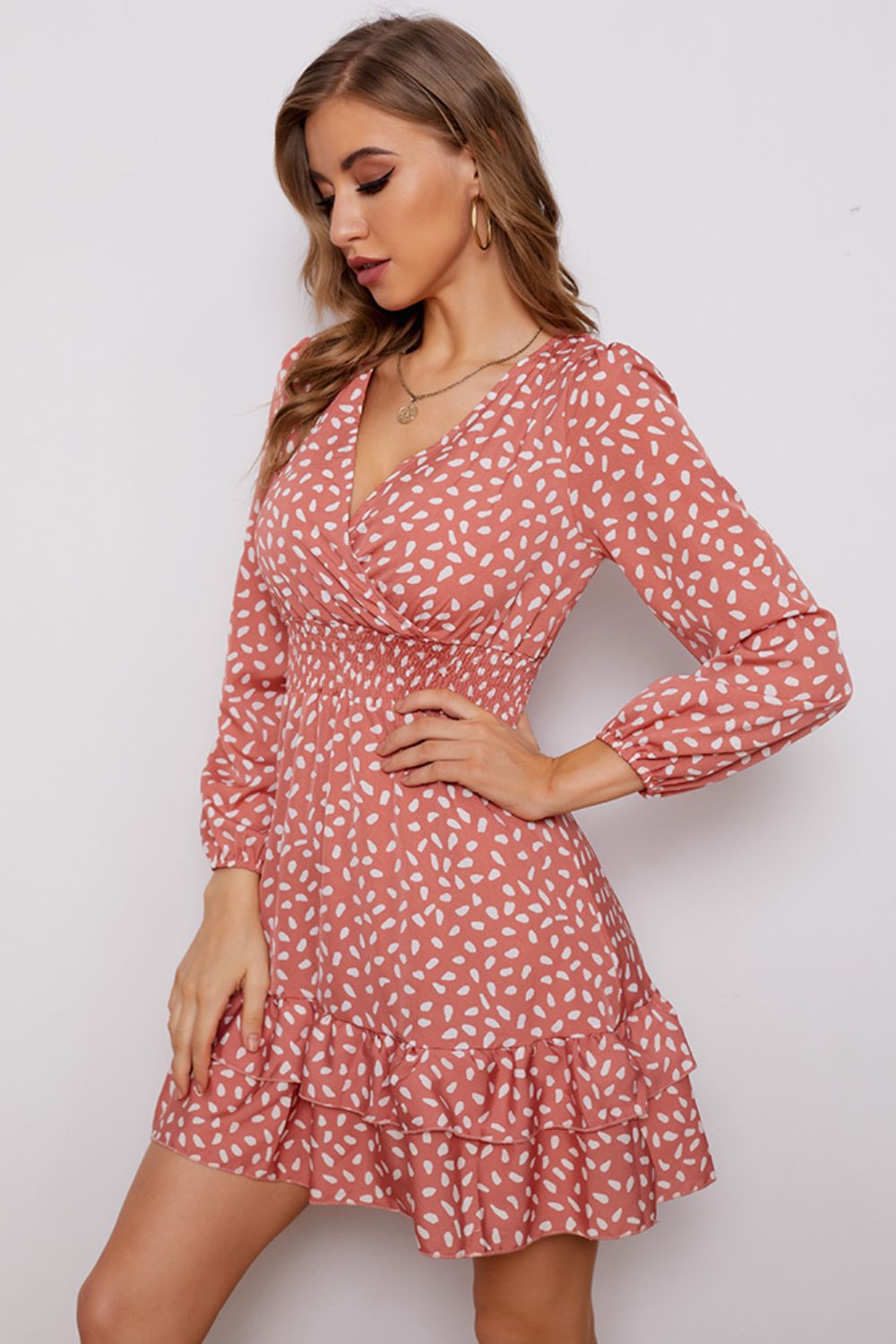 Honeybee Mumford's Surplice Neck Puff Sleeve Ruffle Hem Dress