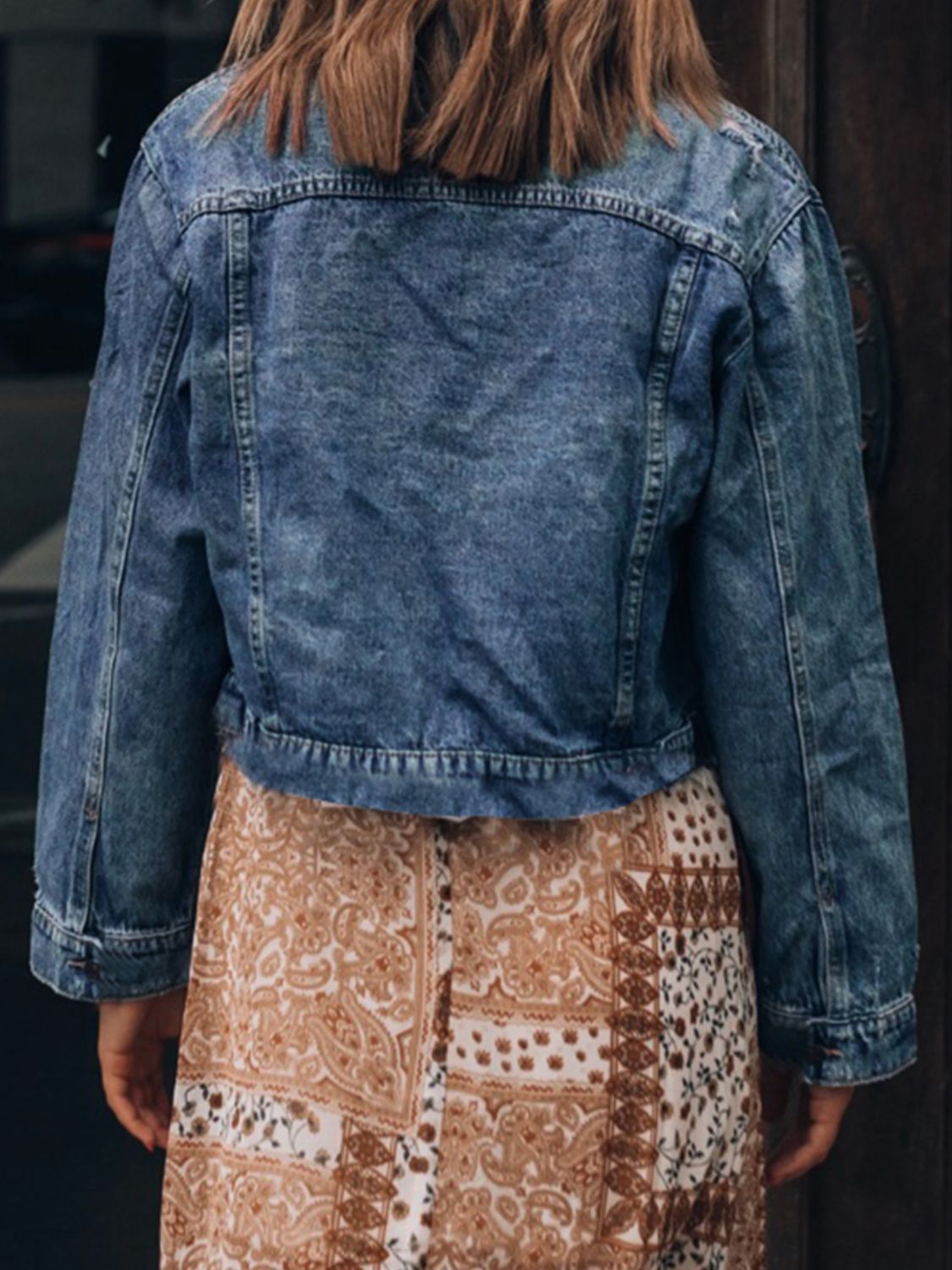 Honeybee Mumford's Button Up Collared Neck Distressed Denim Jacket