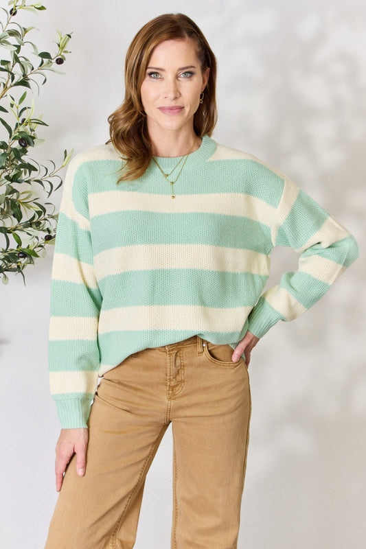 Honeybee Mumford's Sew In Love Full Size Contrast Striped Round Neck Sweater